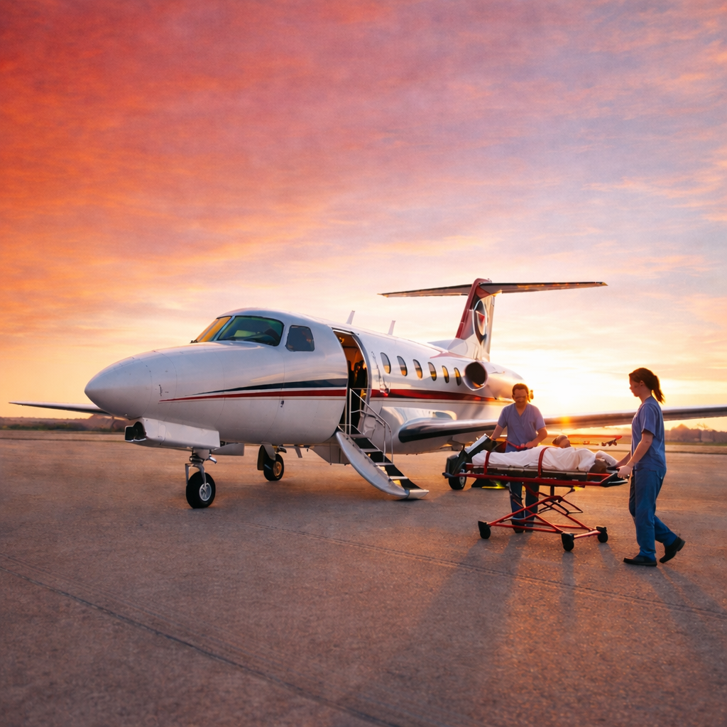 Air medical crew loading patient onto fixed-wing aircraft at sunset