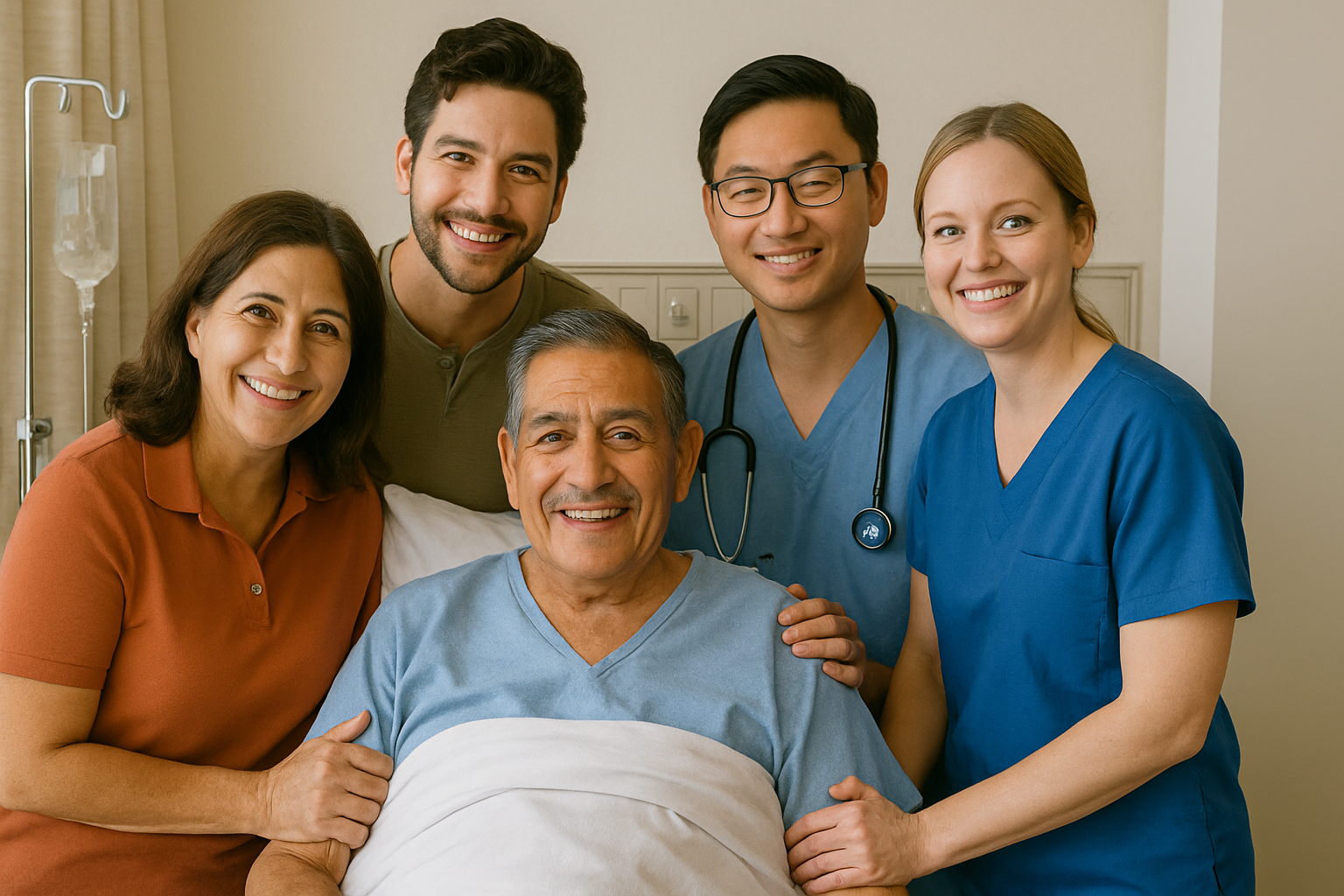 Family and caregivers with elderly patient in hospital